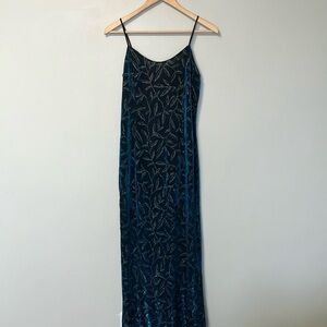 Jessica McClintock Gunne Sax Floral Blue Silver Iridescent Maxi Slip Dress